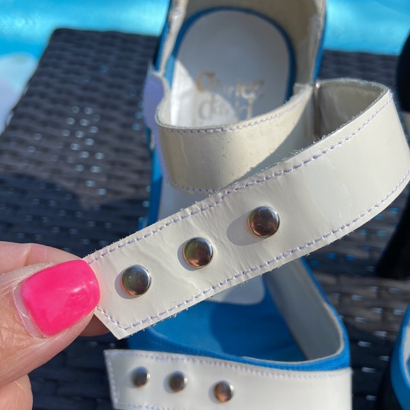 Charles David collection black suede white patent blue fabric size 9 heels - Picture 7 of 16